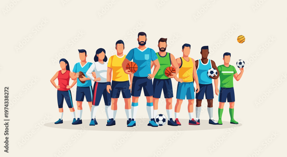 Fototapeta premium Diverse Athletic Team Posing With Various Sports Equipment