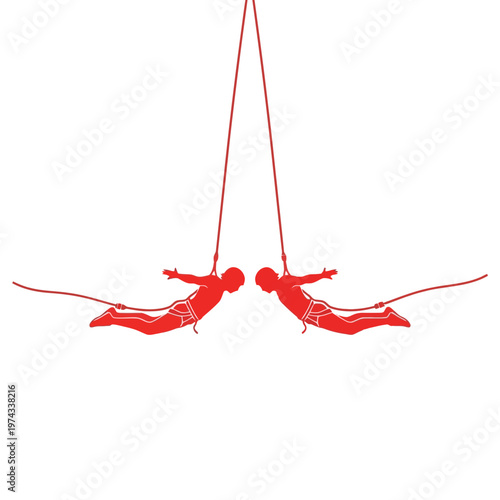 Dynamic Aerial Acrobatics Performers In Synchronized Mid-Air Routine