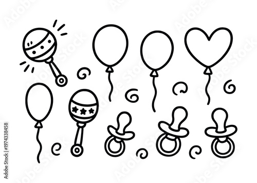 Outline of baby rattles, balloons, and pacifiers for nursery decor