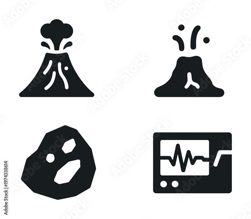 Eruption and seismic icons: volcano, seismograph, asteroid