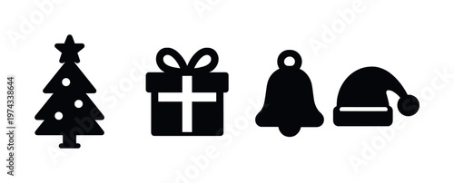 Christmas icons: tree, gift, bell, santa hat silhouettes on white background