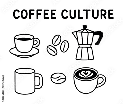 Coffee culture: cup, beans, moka pot, mug, latte art icons in black and white