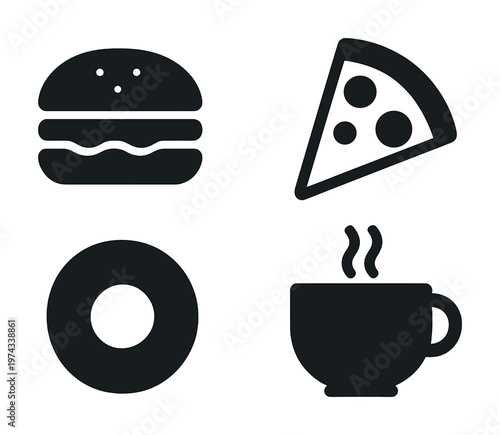 Icon set of fast food items: burger, pizza, donut, coffee cup