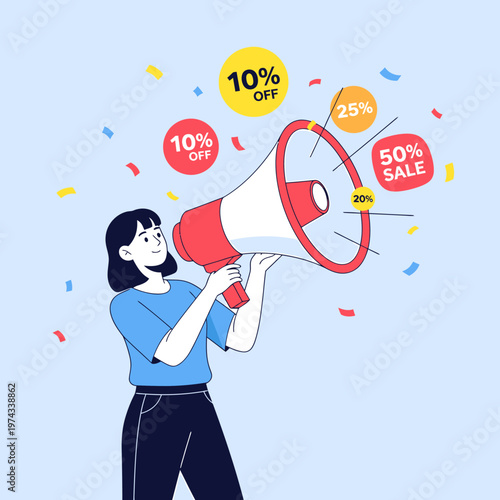 Woman using megaphone to promote exciting sales and discount offers. Floating percentage tags and festive confetti highlight deals for marketing campaigns and e-commerce advertising