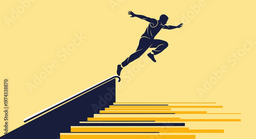 Dynamic Athlete Leaping Forward Over Geometric Stairs Symbolizing Progress And Achievement