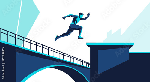 Dynamic Athlete Leaping Across Urban Landscape