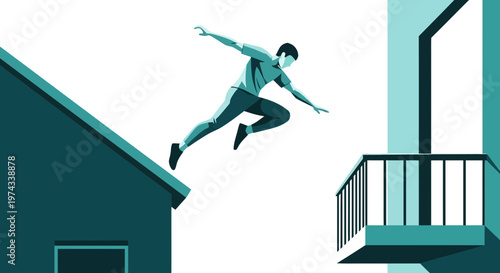 Dynamic Athlete Leaping Between Buildings Urban Parkour