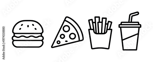 Fast food icons: burger, pizza, fries, drink in black and white