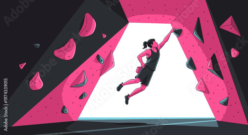 Dynamic Athletic Woman Ascends Vibrant Climbing Wall Capturing Extreme Sport