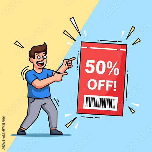 Excited man pointing at a 50% off sale tag, promoting a great discount offer for shoppers