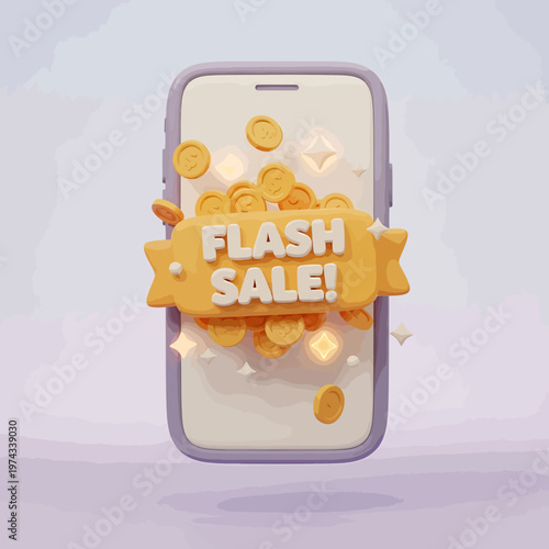 Vibrant 3D smartphone showing a 'Flash Sale' banner with golden coins, symbolizing exciting online shopping deals and mobile e-commerce promotions