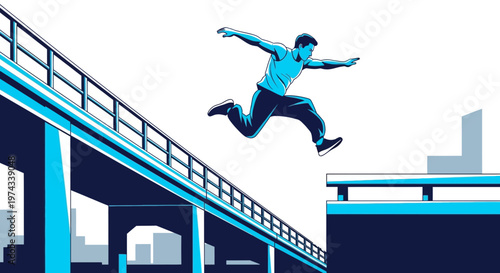 Dynamic Athlete Leaps Across Urban Overpass With Speed And Agility