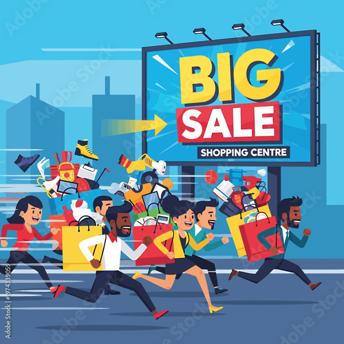 People running towards shopping centre with big sale billboard