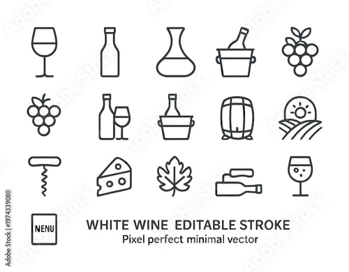 White wine icons: glass, bottle, cheese, vineyard, grapes, corkscrew