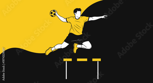 Dynamic Athlete Leaps Over Hurdle With Ball In Action