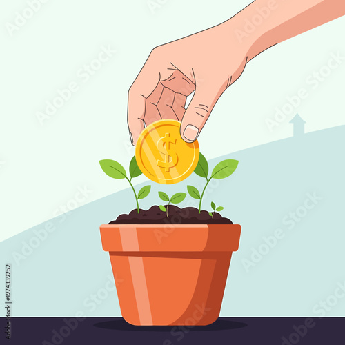 Hand placing coin in potted plant for growth and investment
