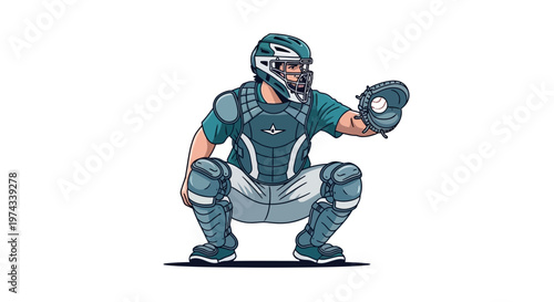 Dynamic Baseball Catcher in Action Ready to Catch a Fast Pitch