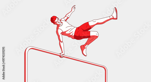 Dynamic Athlete Performing Gymnastics Move on Parallel Bars in Red Outline