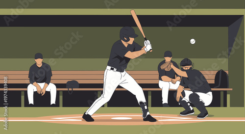 Dynamic Baseball Game Scene Featuring Batter Catcher and Teammates