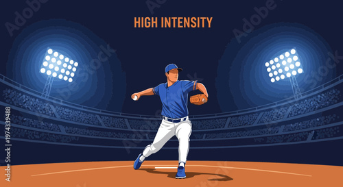 Dynamic Baseball Pitcher Action Under Stadium Lights Excitement