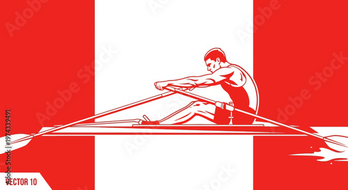 Dynamic Athlete Rowing Machine Sport Fitness Red White Graphic Minimalist Art