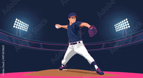 Dynamic Baseball Pitcher In Action Under Stadium Lights