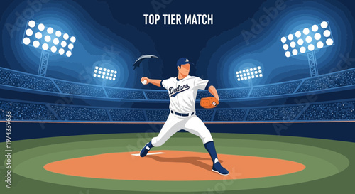 Dynamic Baseball Pitcher In Action Under Stadium Lights