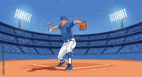 Dynamic Baseball Pitcher In Action Under Stadium Lights
