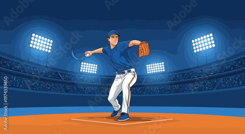 Dynamic Baseball Pitcher In Action Under Stadium Lights