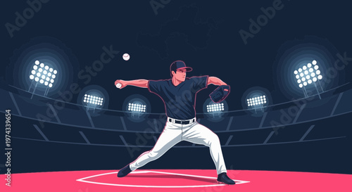 Dynamic Baseball Pitcher In Action Under Stadium Lights