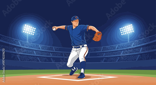 Dynamic Baseball Pitcher In Action Under Stadium Lights