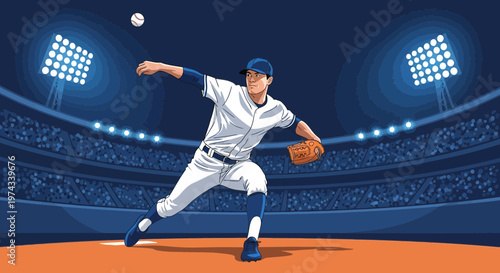Dynamic Baseball Pitcher In Action Under Stadium Lights