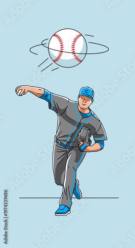 Dynamic Baseball Pitcher In Action With Ball Spinning Above
