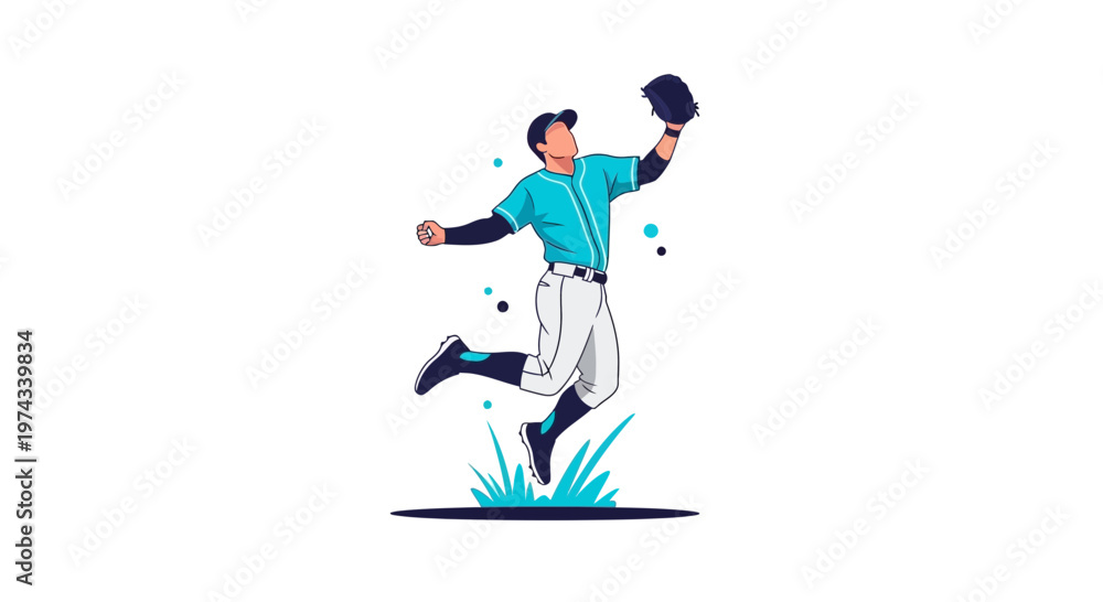 Fototapeta premium Dynamic Baseball Player Catching Ball Mid-Air With Energetic Pose