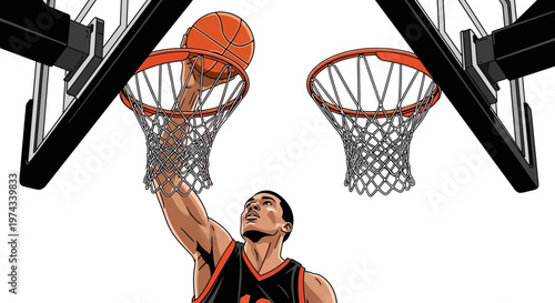 Dynamic Basketball Player Executes A Powerful Slam Dunk Mid-Game