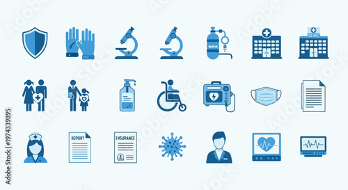 This vector features a comprehensive set of blue medical and healthcare icons, ranging from hospital buildings to laboratory equipment.