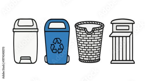 "Trash Can and Recycling Bin Icons Set - Garbage Container, Waste Basket, Pedal Bin, Mesh Trash Can, Public Dustbin, Recycling Symbol Vector Collection. Waste Management and Sanitation Icons with Edit