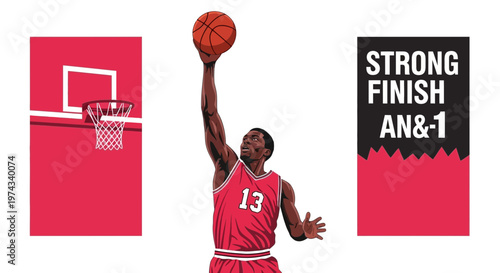 Dynamic Basketball Player Soaring For A Dunk Against Stark Red Backdrops