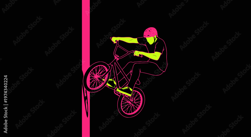 Fototapeta premium Dynamic Bicycle Acrobatics With Bold Neon Colors On Black Background