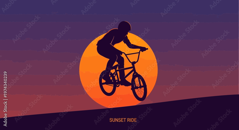 Fototapeta premium Dynamic Bicycle Freestyle Silhouette Against Fiery Sunset Sky