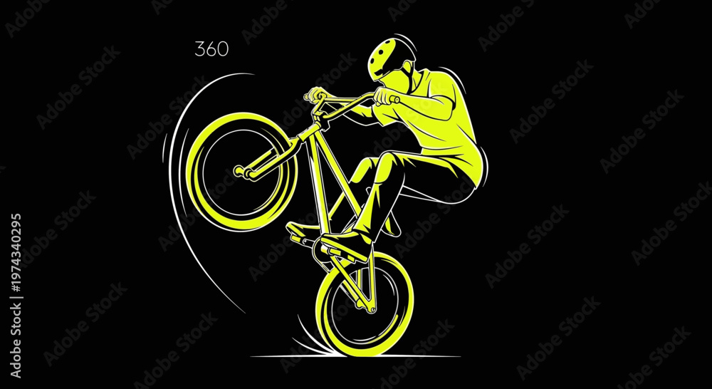 Fototapeta premium Dynamic Bicycle Rider Performing A Stunt On Black Background