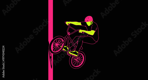 Dynamic Bicycle Acrobatics With Bold Neon Colors On Black Background