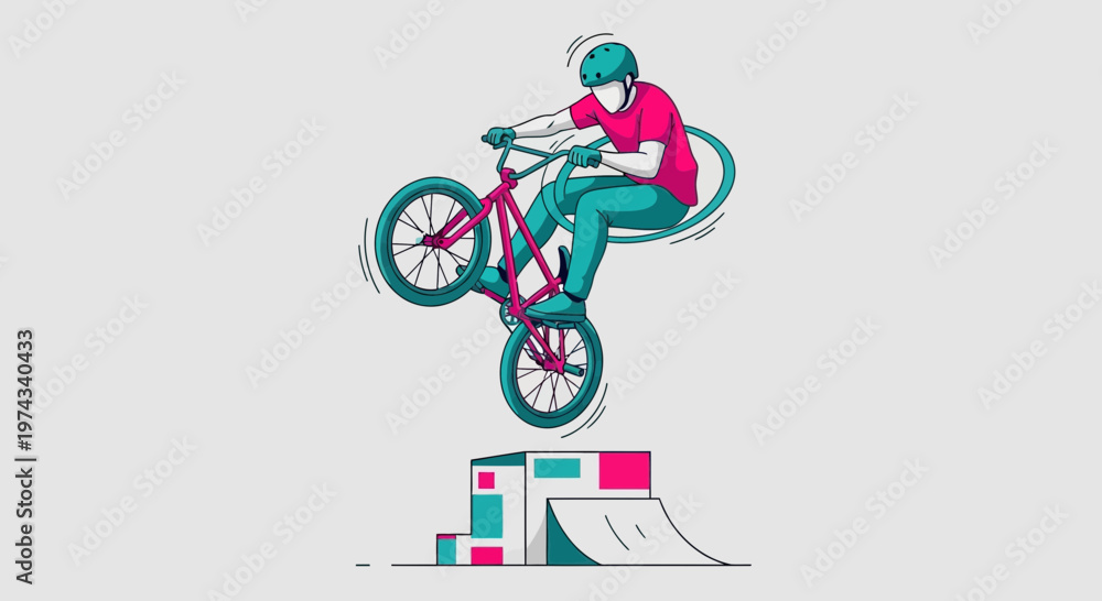 Fototapeta premium Dynamic Bicycle Stunt Performer Executes Mid-Air Maneuver Over Ramp