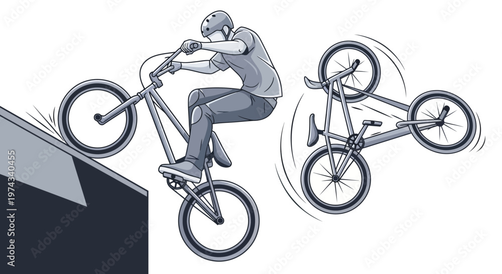 Fototapeta premium Dynamic Bicycle Stunts On Ramp And In Air Freestyle Riding Action
