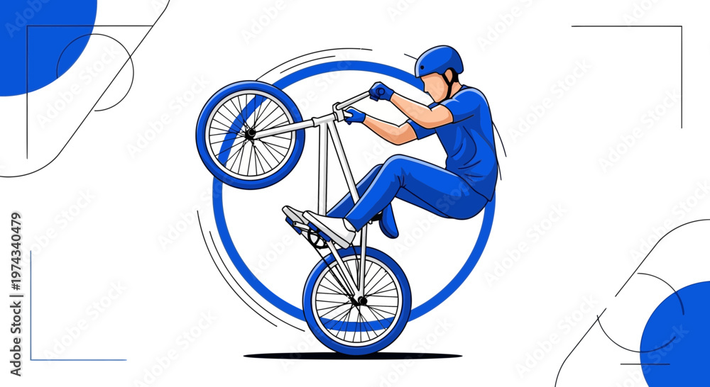 Fototapeta premium Dynamic Biker Performs Thrilling Wheelie Trick In Stylized Blue Illustration