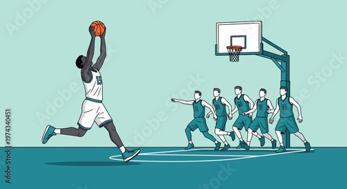 Dynamic Basketball Dunk Action With Opposing Players Challenging