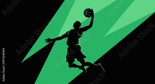 Dynamic Basketball Dunk Silhouette Against Vibrant Green Lighting