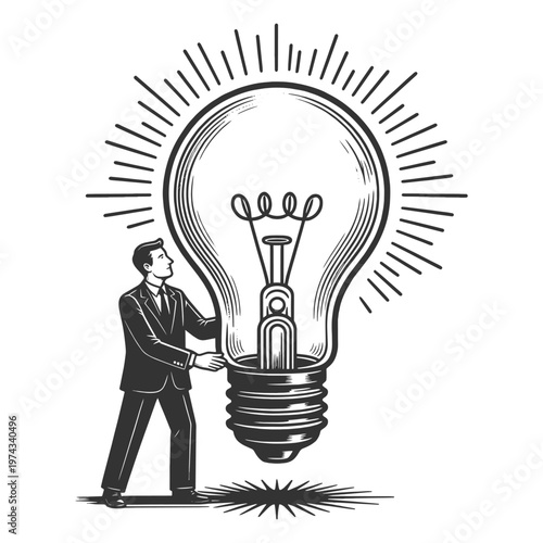 businessman presenting a giant glowing light bulb, innovation, creativity, startup ideas, and business success sketch engraving generative ai fictional character vector illustration. Scratch board.
