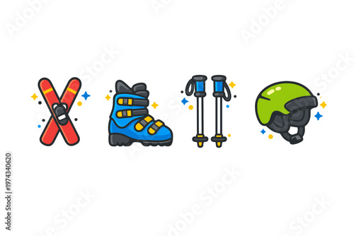Colorful cartoon icons of ski gear featuring crossed skis, a buckled ski boot, adjustable ski poles, and a protective helmet on a clean white background