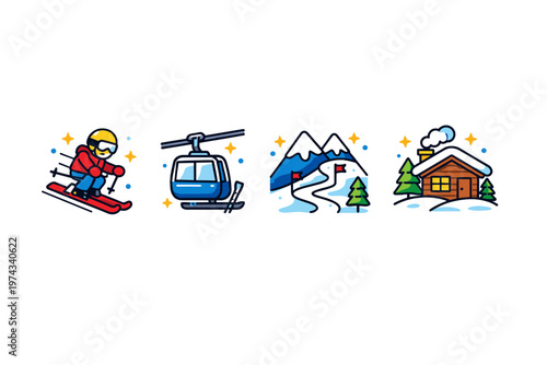 Colorful winter sports illustration showing a skier, cable car gondola, snowy mountain slope, and cozy cabin in a snowy alpine landscape